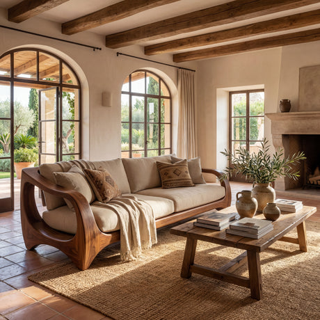 Handcrafted Solid Wood Sofa with Open Sculptural Arms for Living Room