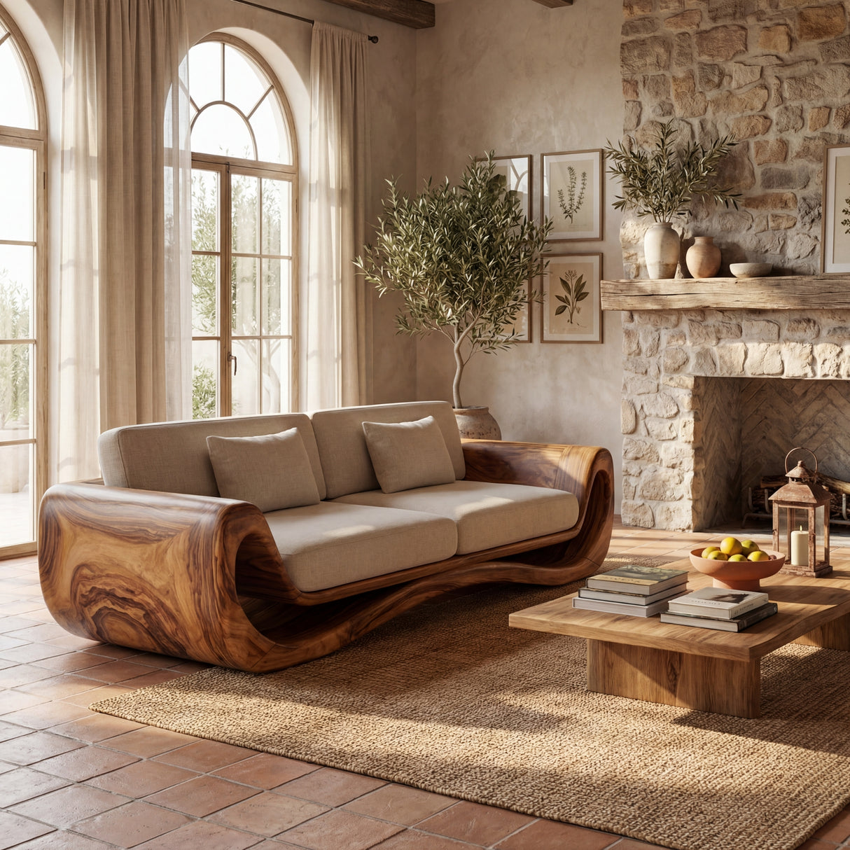 Solid Wood Curved Frame Sofa with Sculptural Wrapped Sides for Home Library