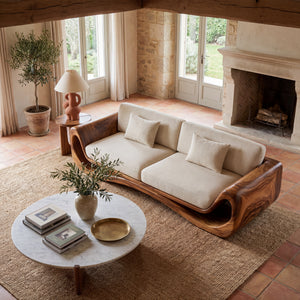 Solid Wood Curved Frame Sofa with Sculptural Wrapped Sides for Home Library