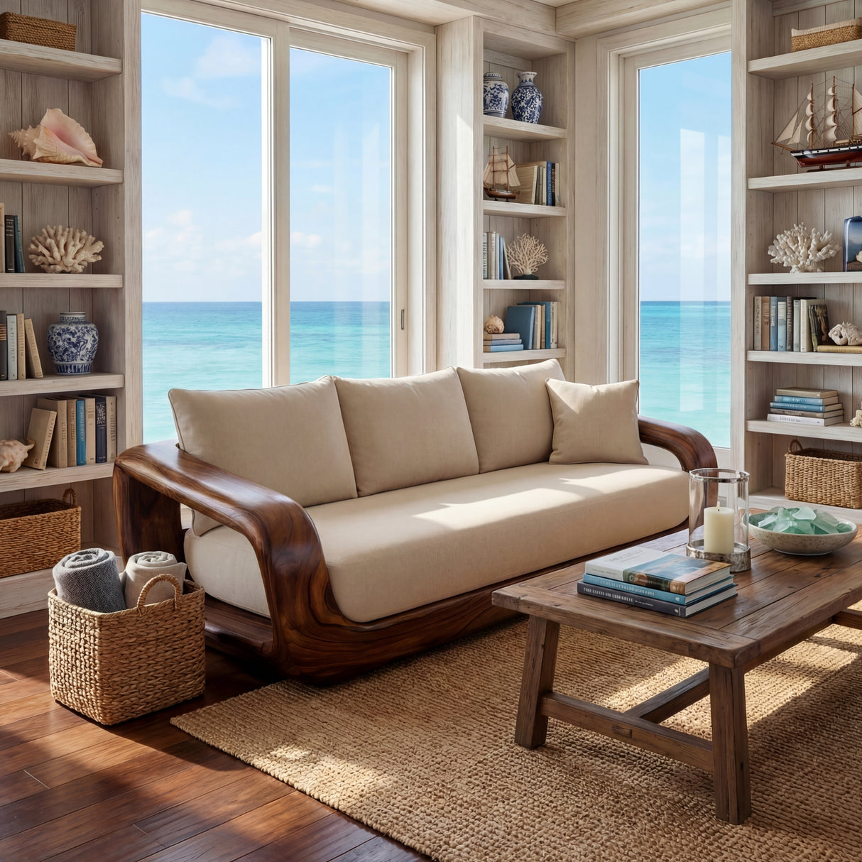 Solid Wood Lounge Sofa with Continuous Curved Frame for Reading Room