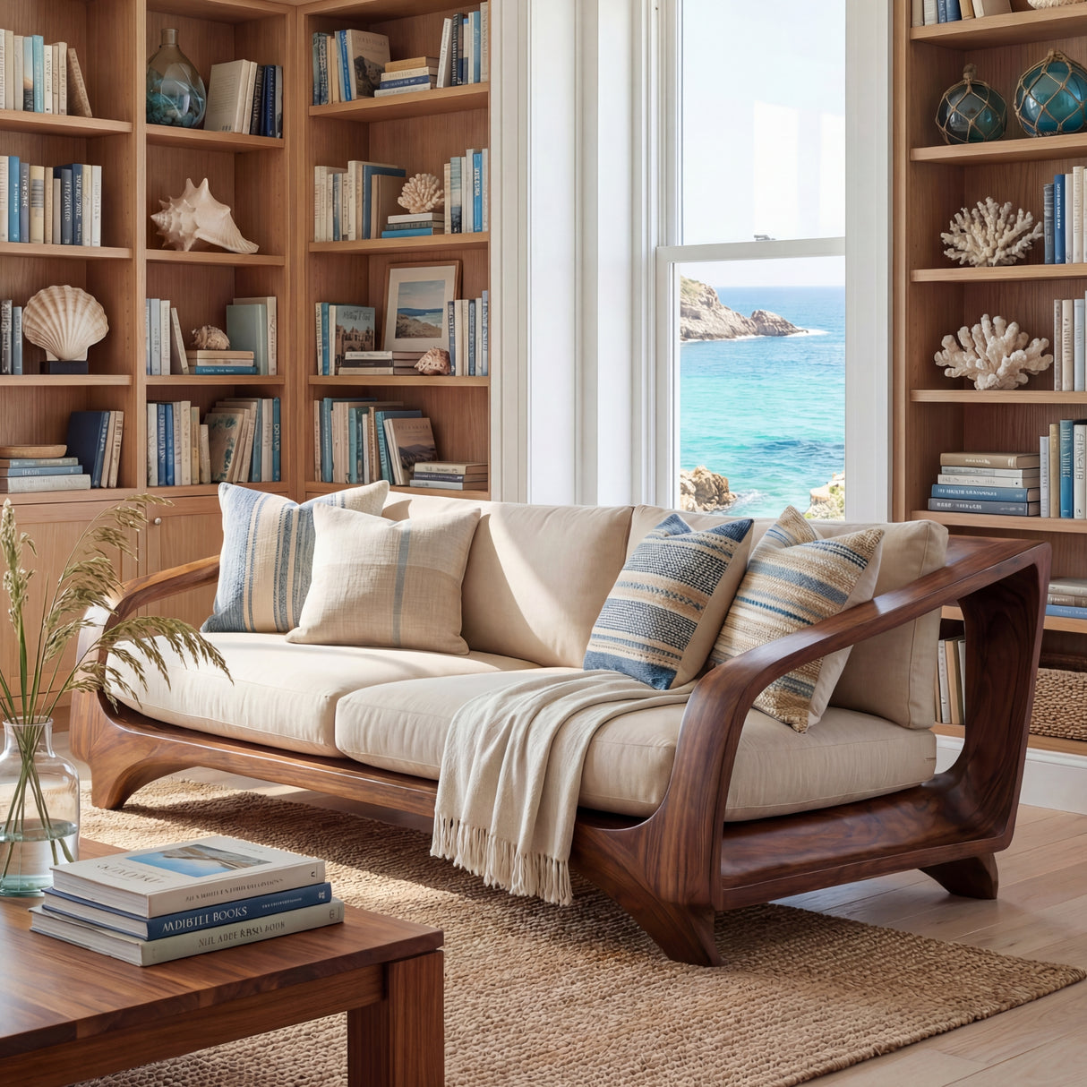 Solid Wood Sofa with Open Curved Arm Frame for Reading Room and Library Lounge