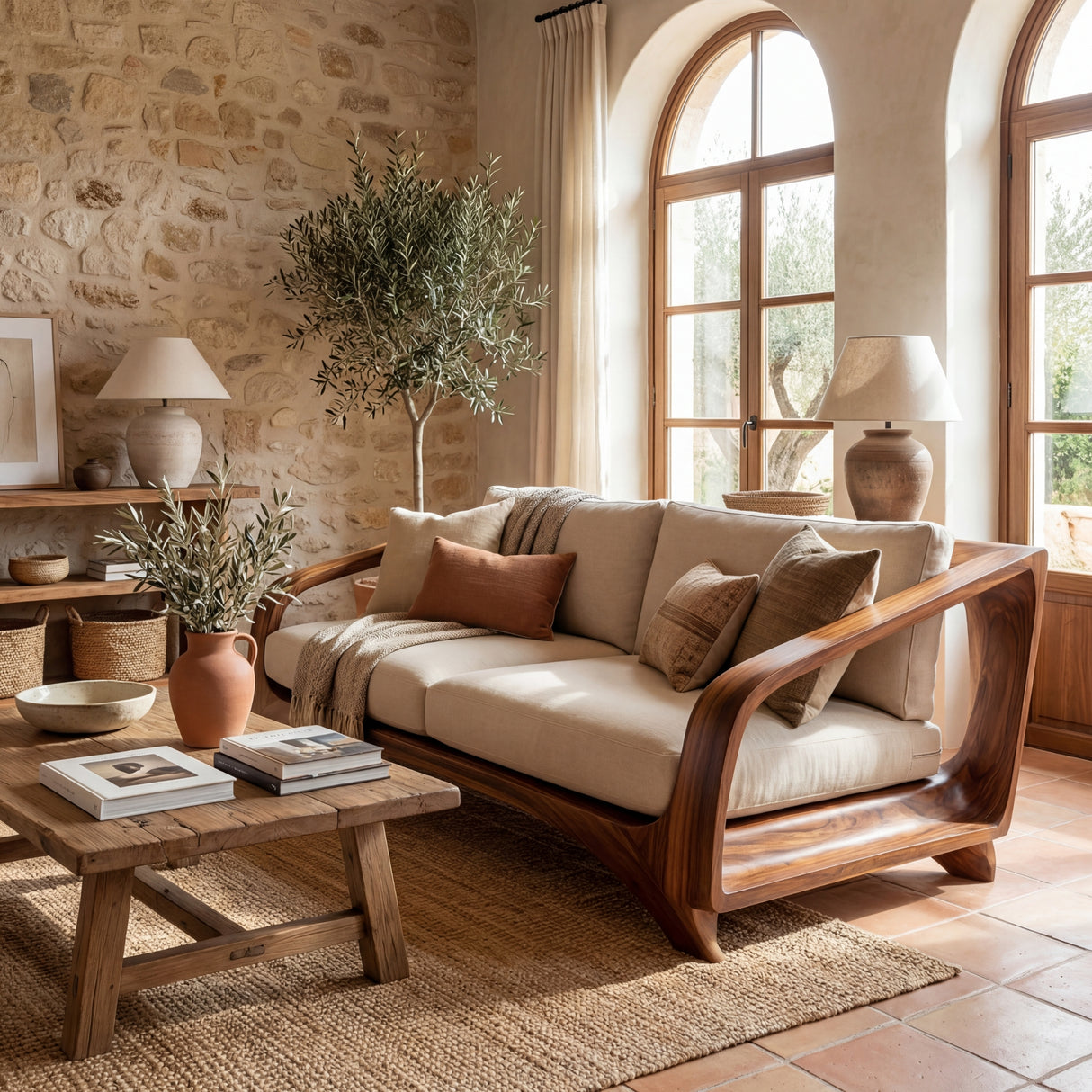 Solid Wood Sofa with Open Curved Arm Frame for Reading Room and Library Lounge