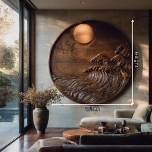 Handcrafted Solid Wood Wall Sculpture with Ocean Wave Relief and Circular Moon Design