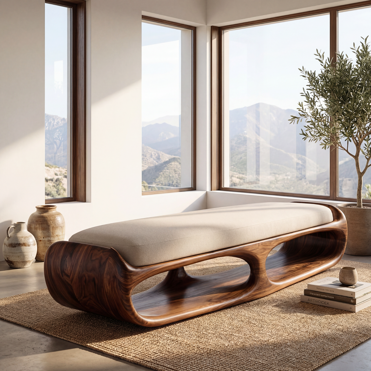 Organic Solid Wood Bench with Sculptural Open Base for Bedroom