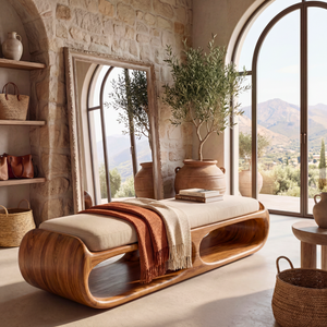 Organic Solid Wood Bench with Sculptural Open Base for Bedroom