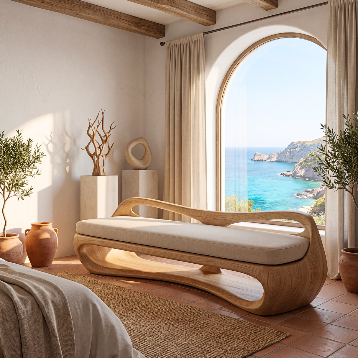 Sculptural Solid Wood Bench with Open Frame and Flowing Backrest for Living Space