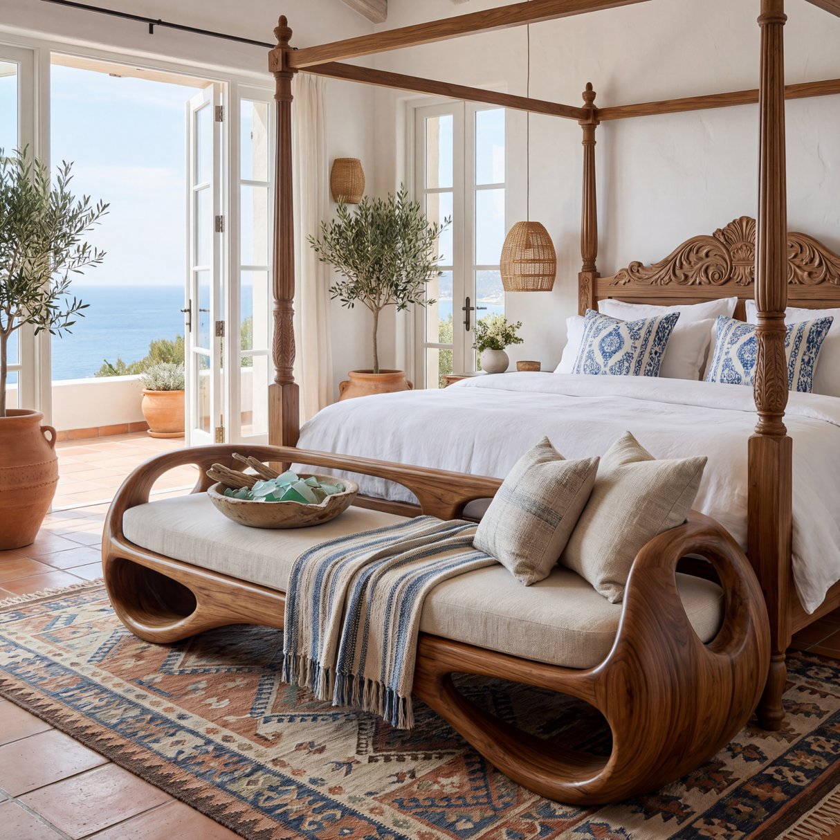 Organic Solid Wood Bench with Open Sculptural Frame for Bedroom