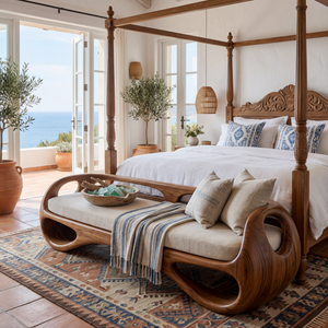 Organic Solid Wood Bench with Open Sculptural Frame for Bedroom