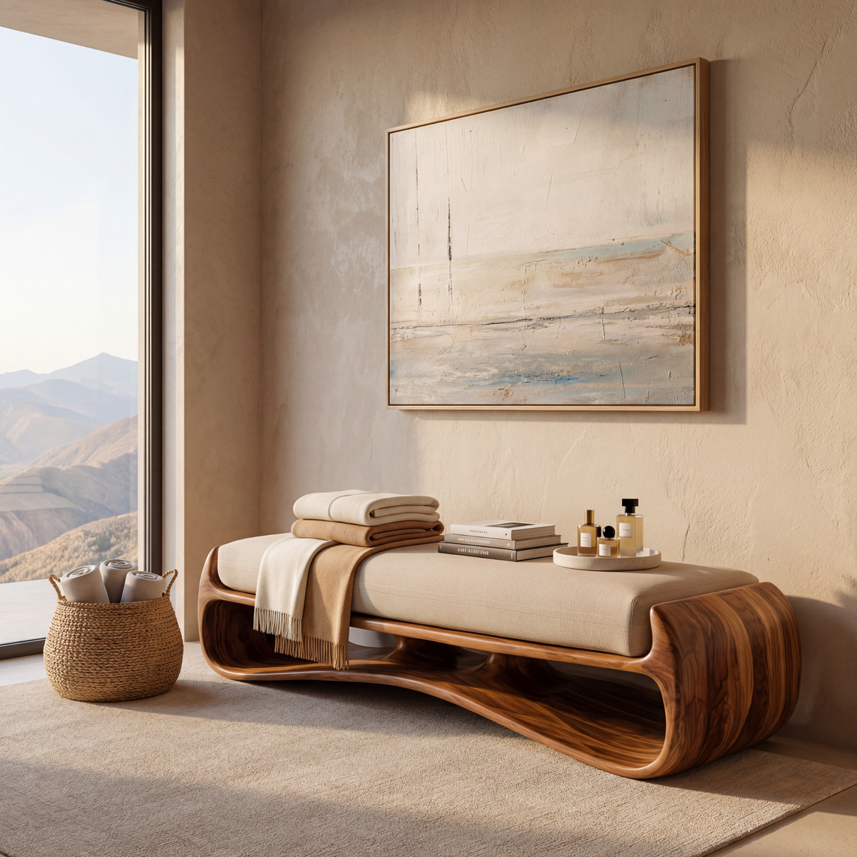 Sculptural Solid Wood Bench with Flowing Open Base for Living Space