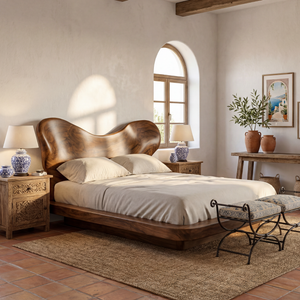 Sculptural Solid Wood Platform Bed with Organic Curved Headboard for Bedroom