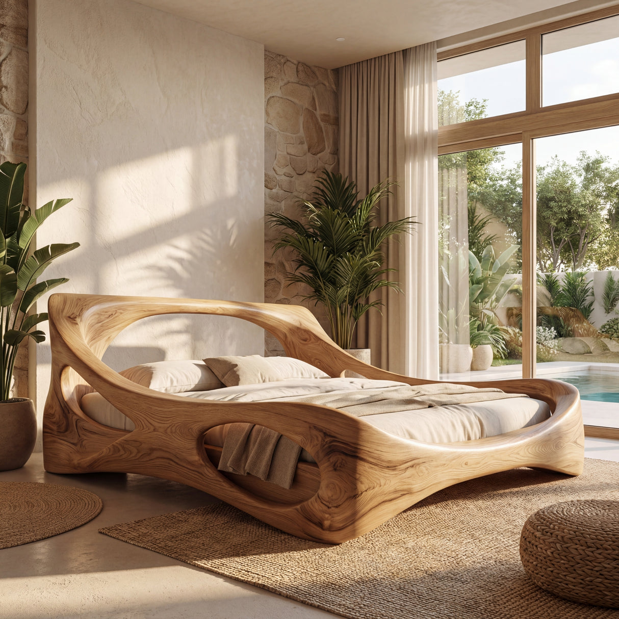 Handcrafted Solid Wood Bed with Live Edge Platform and Sculptural Headboard