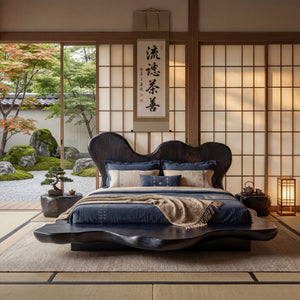 Solid Wood Platform Bed with Sculptural Wavy Headboard for Bedroom