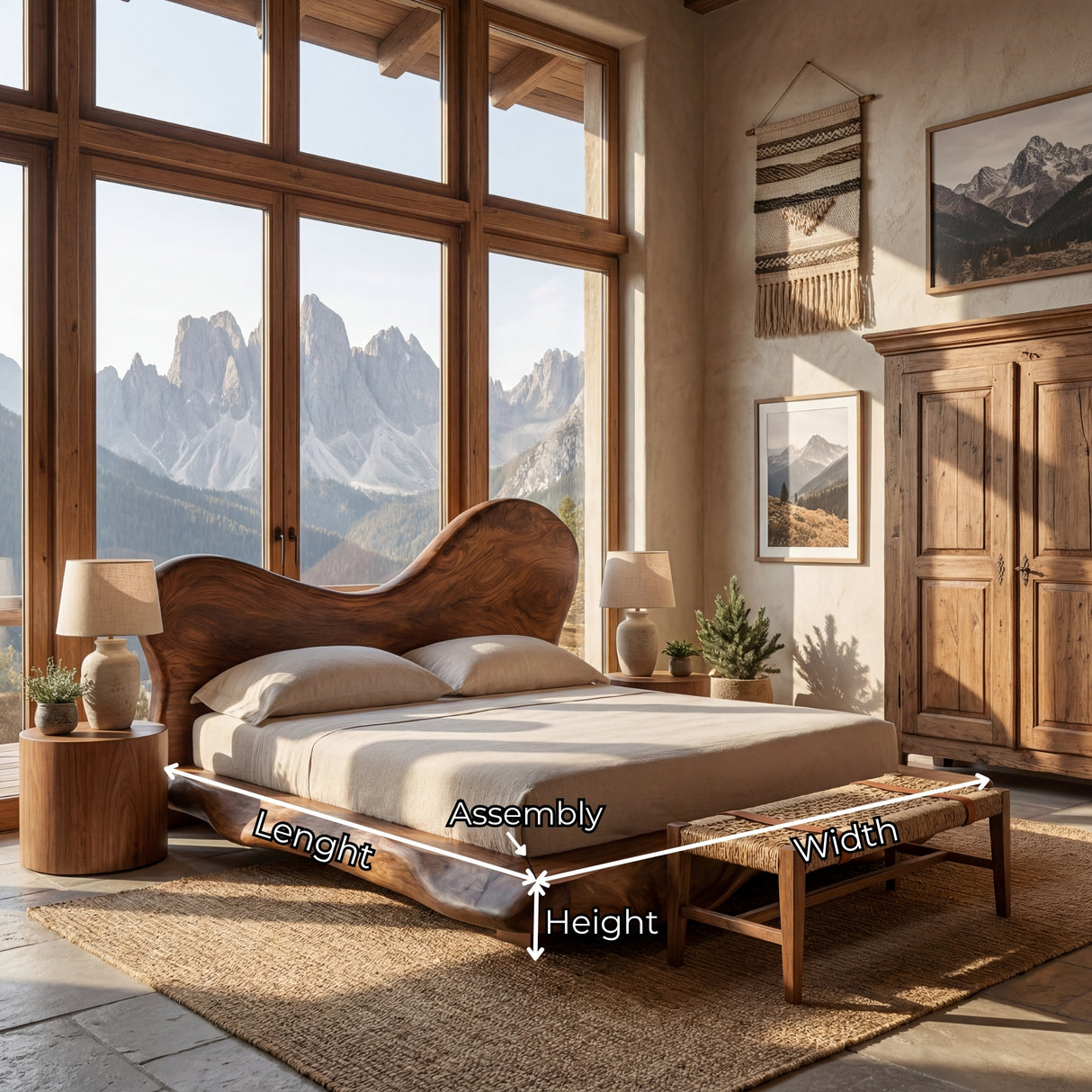 Organic Solid Wood Bed with Asymmetrical Curved Headboard for Bedroom