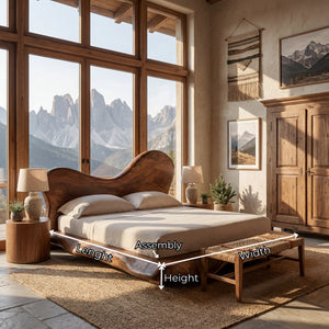 Organic Solid Wood Bed with Asymmetrical Curved Headboard for Bedroom