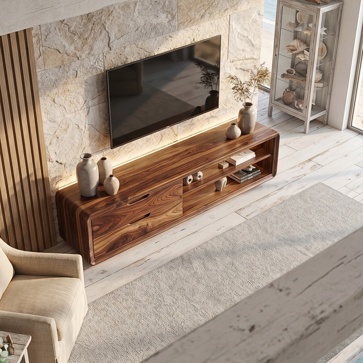 Solid Wood TV Cabinet with Rounded Frame and Display Shelves