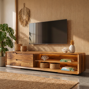 Solid Wood TV Cabinet with Rounded Frame and Display Shelves