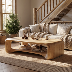 Solid Wood Coffee Table with Rounded Frame and Open Shelf