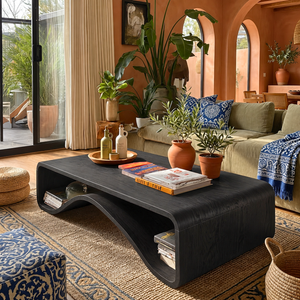 Organic Solid Wood Coffee Table with Wave Shelf Base