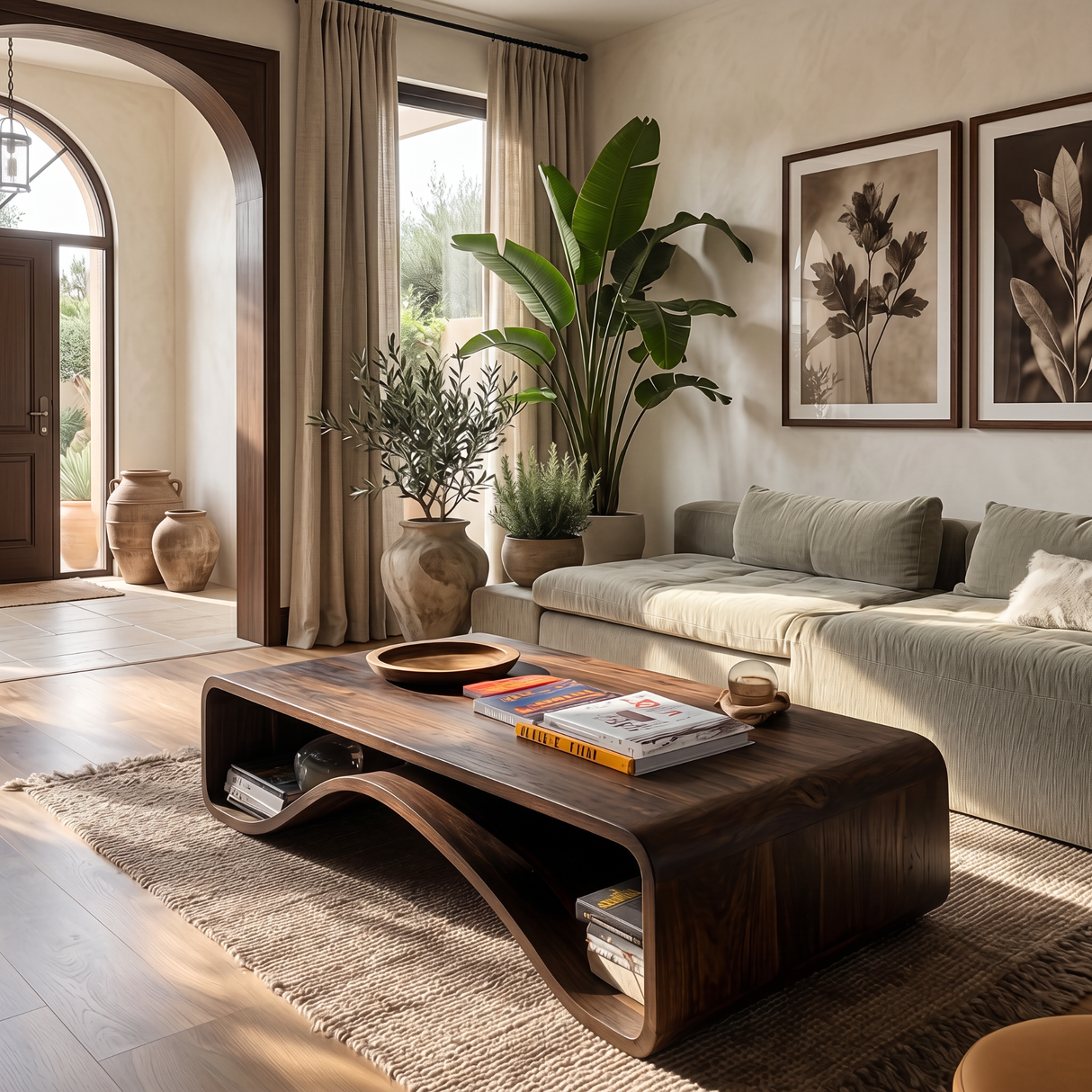 Organic Solid Wood Coffee Table with Wave Shelf Base
