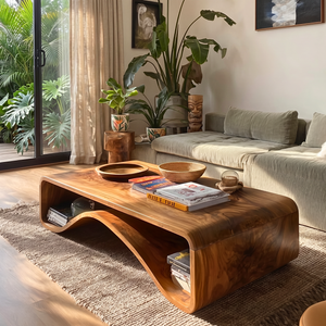 Organic Solid Wood Coffee Table with Wave Shelf Base