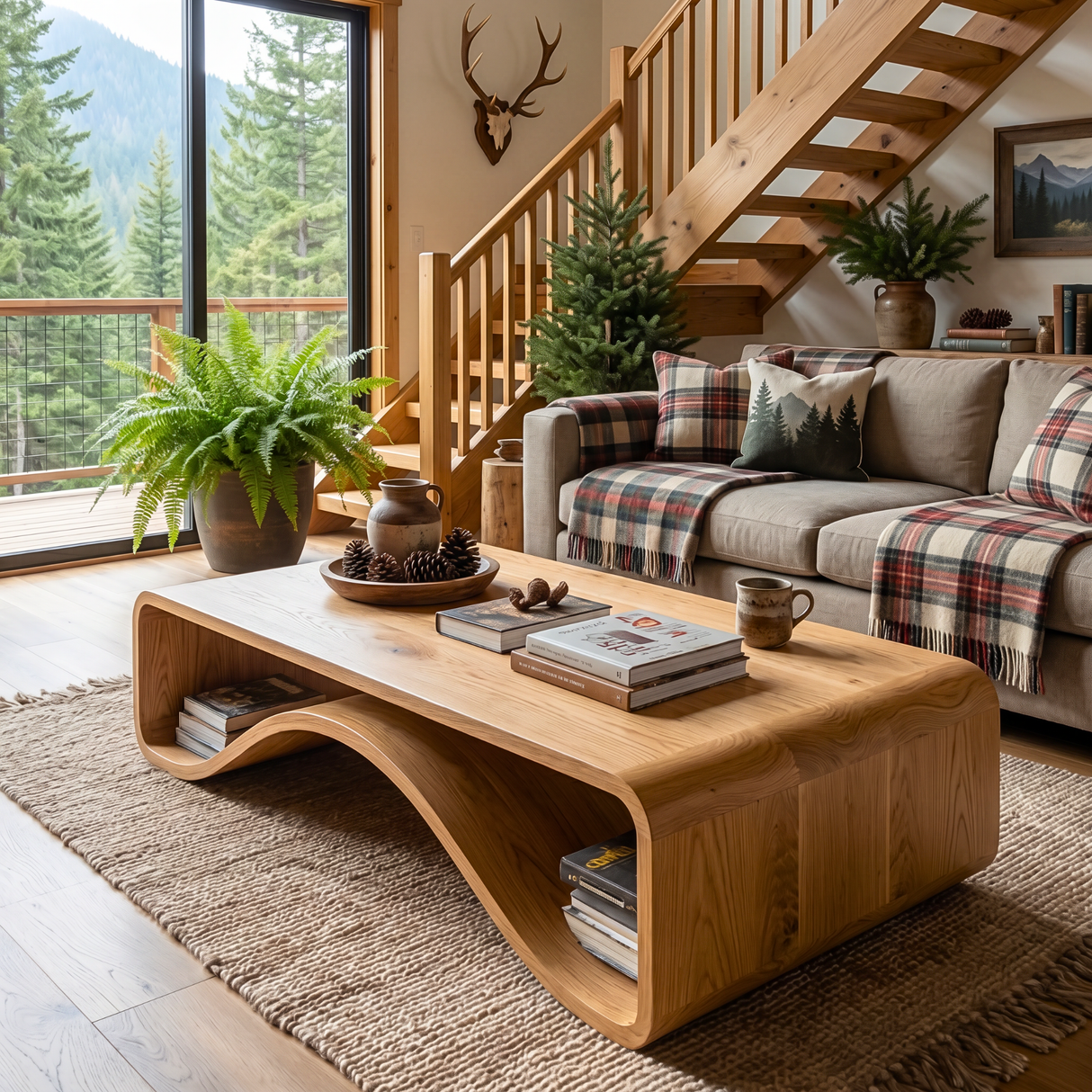 Organic Solid Wood Coffee Table with Wave Shelf Base