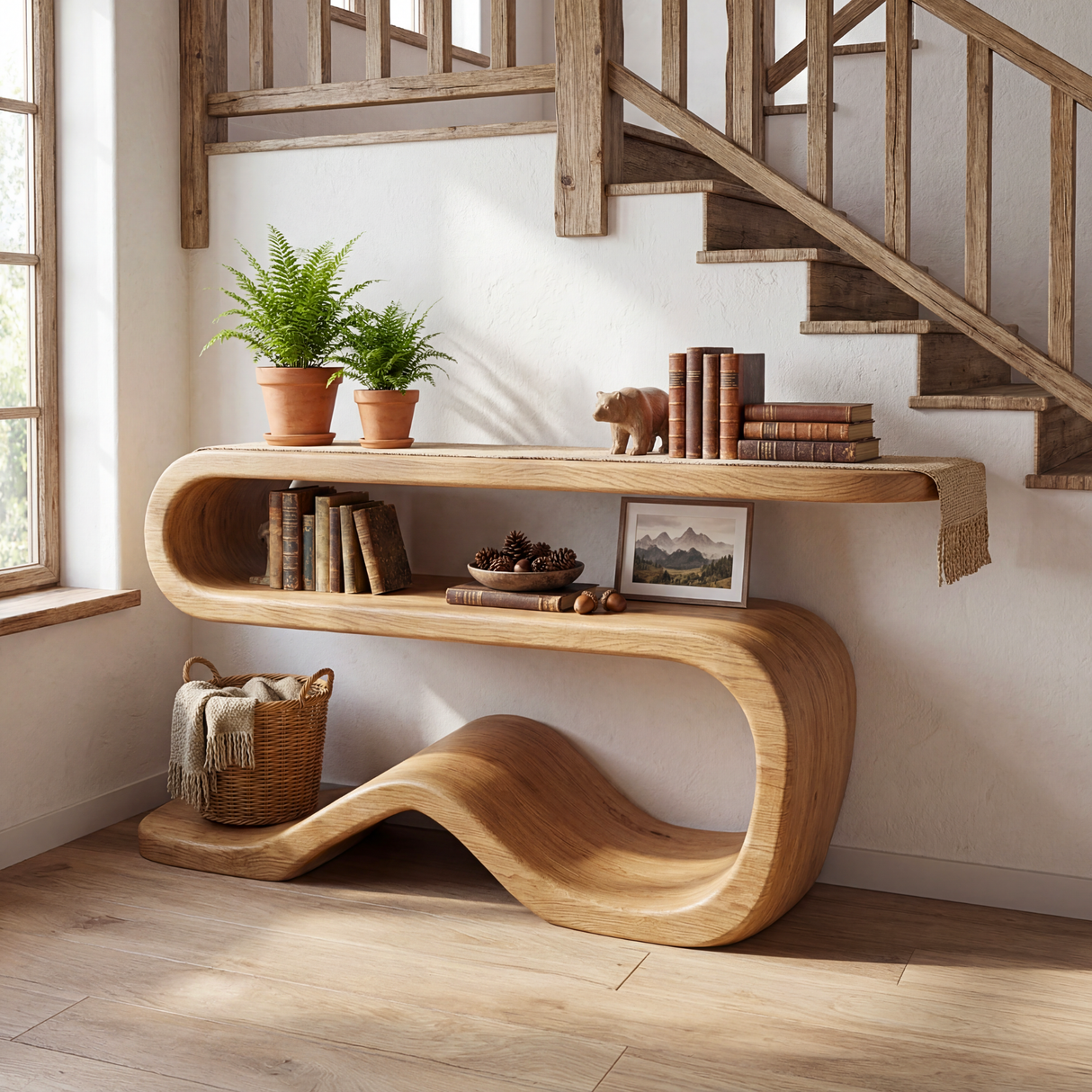 Organic Solid Wood Console Table with Wave Base and Open Shelf