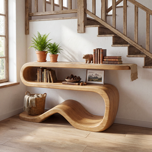 Organic Solid Wood Console Table with Wave Base and Open Shelf