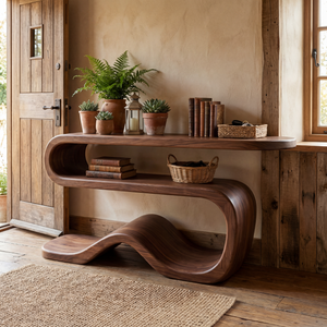 Organic Solid Wood Console Table with Wave Base and Open Shelf