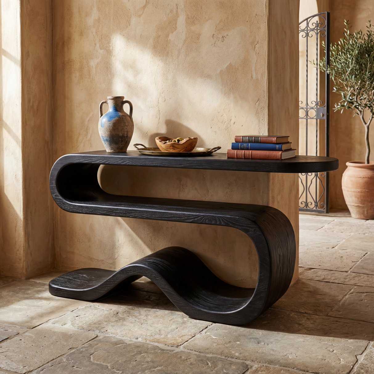 Organic Solid Wood Console Table with Wave Base and Open Shelf