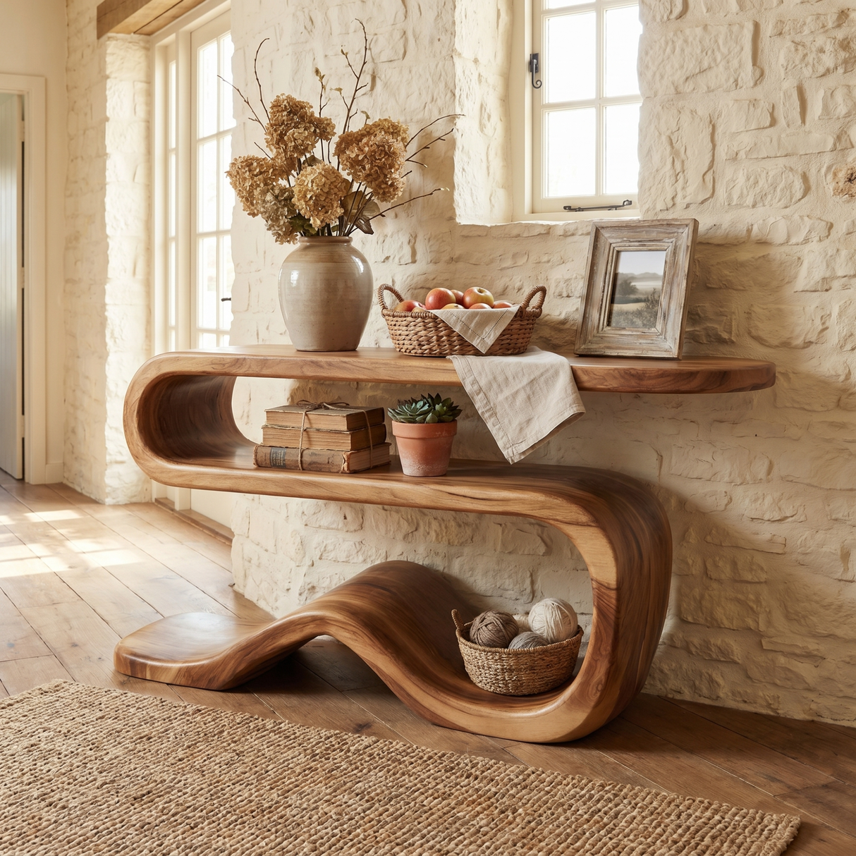 Organic Solid Wood Console Table with Wave Base and Open Shelf