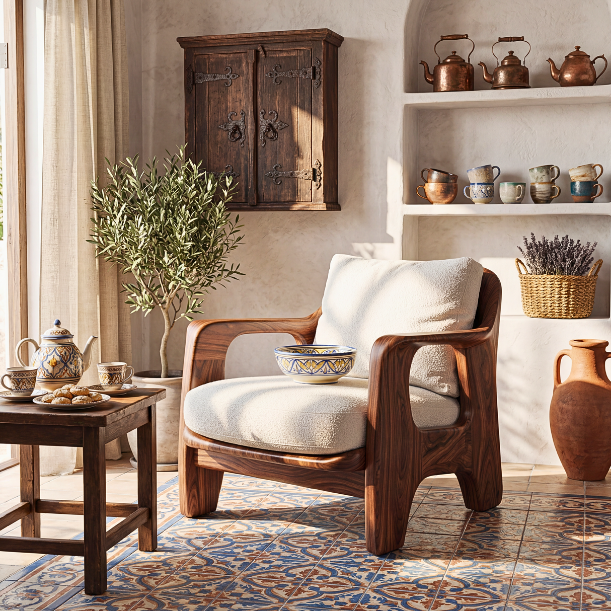Solid Wood Accent Chair with Rounded Sculptural Armrests