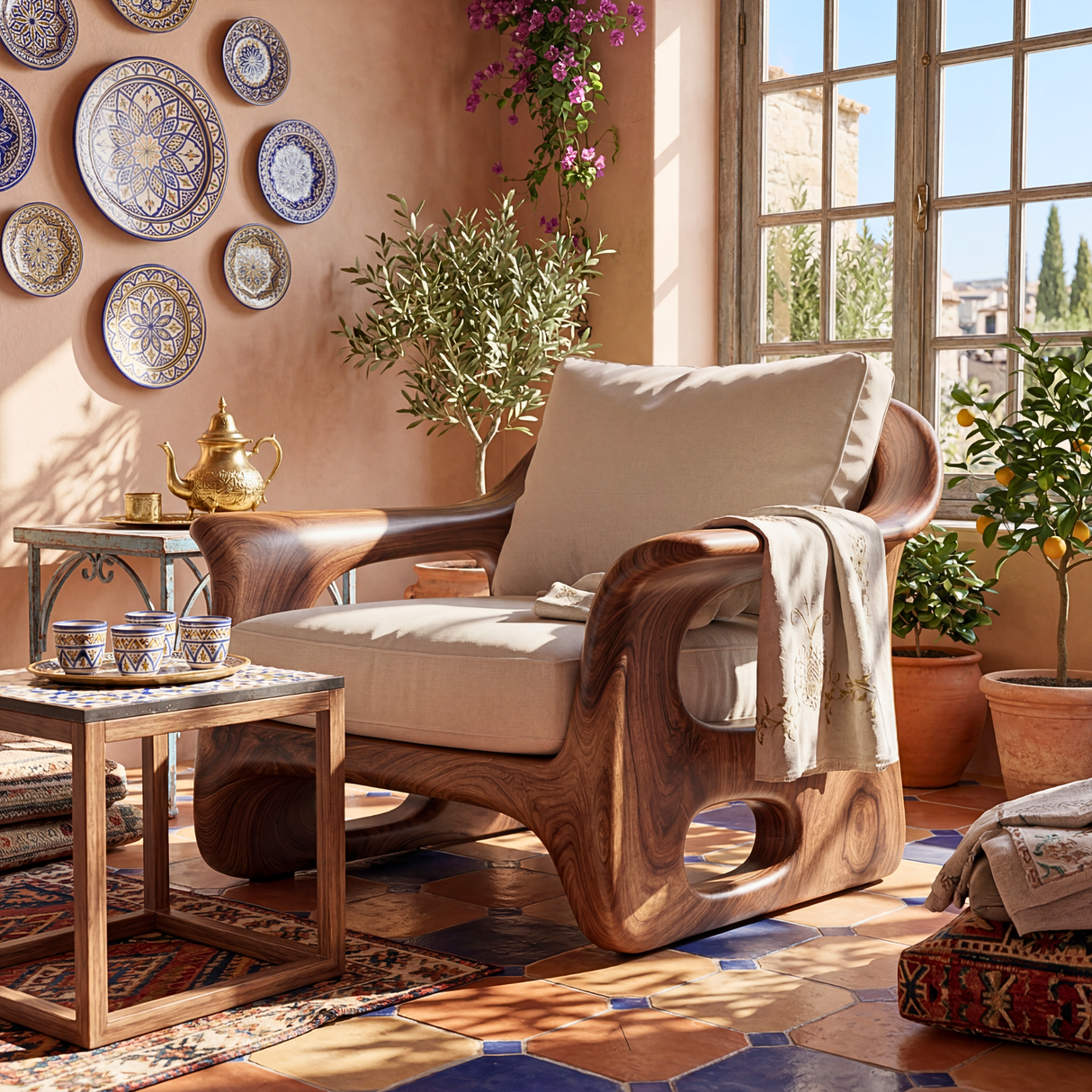 Organic Solid Wood Armchair with Carved Open Side Details