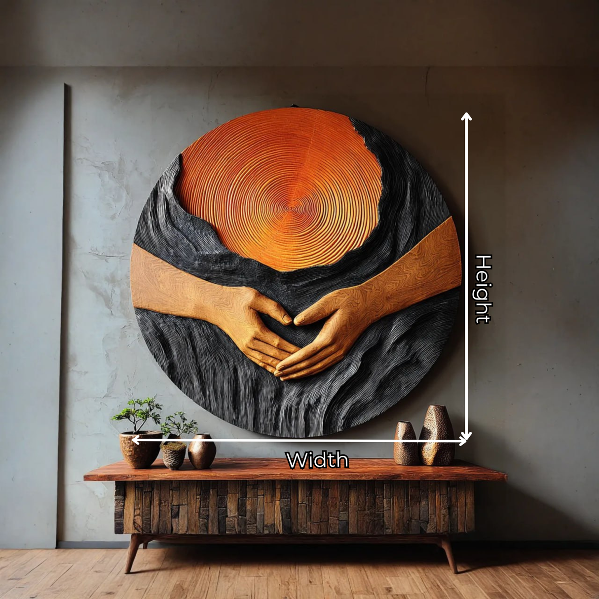 Handcrafted Solid Wood Wall Sculpture with Circular Relief and Joined Hands Motif