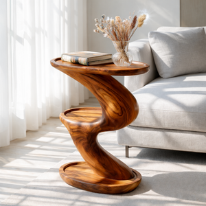 Sculptural Solid Wood Side Table Two Tier Design for Living Room and Reading Corner
