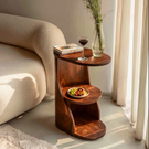 Curved Two Tier Solid Wood Side Table with Open Storage Shelf for Living Room Use