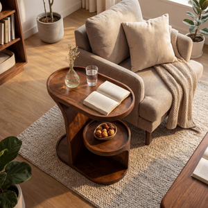 Two Level Tray Solid Wood Side Table with Lower Shelf for Living Room Decor