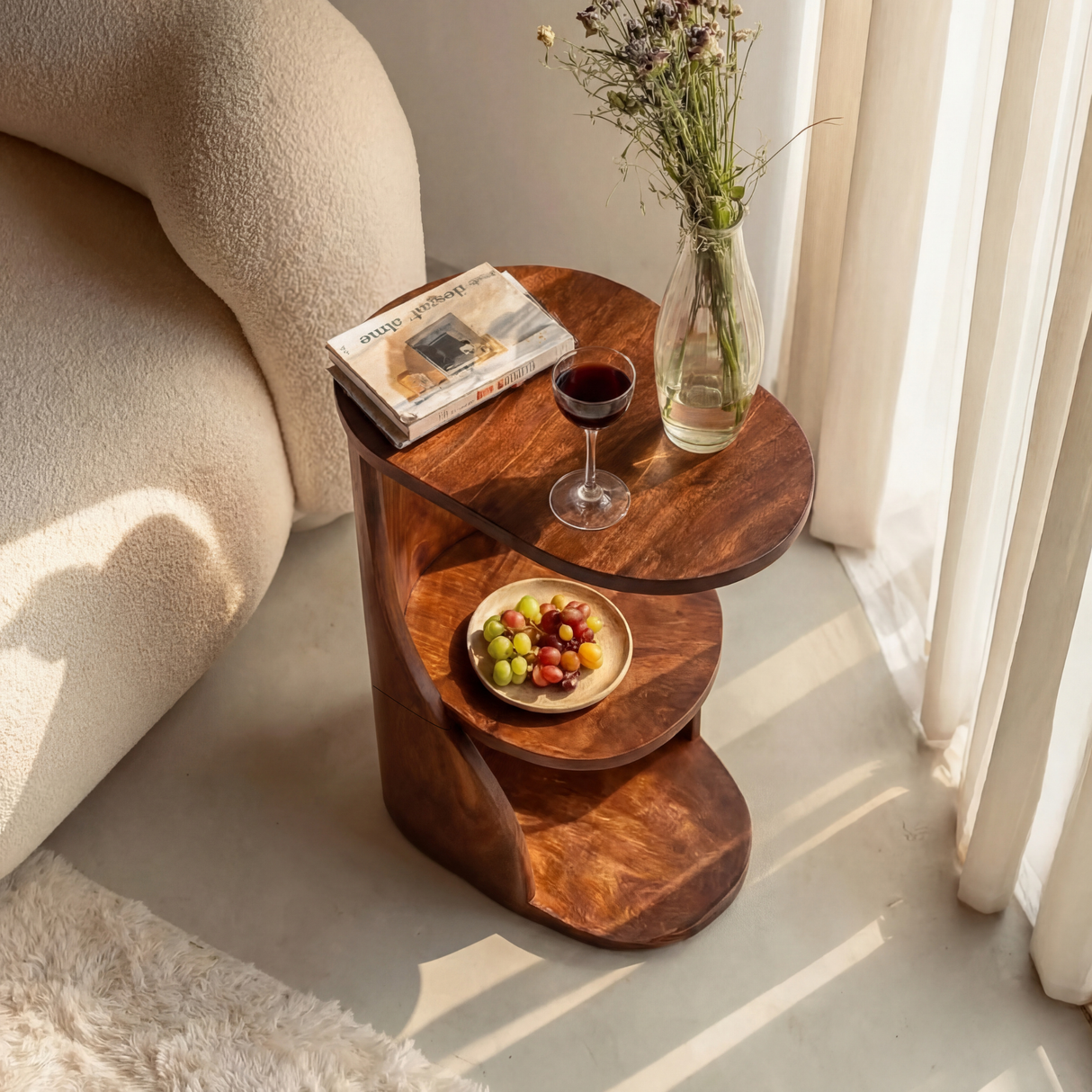 Curved Two Tier Solid Wood Side Table with Open Storage Shelf for Living Room Use