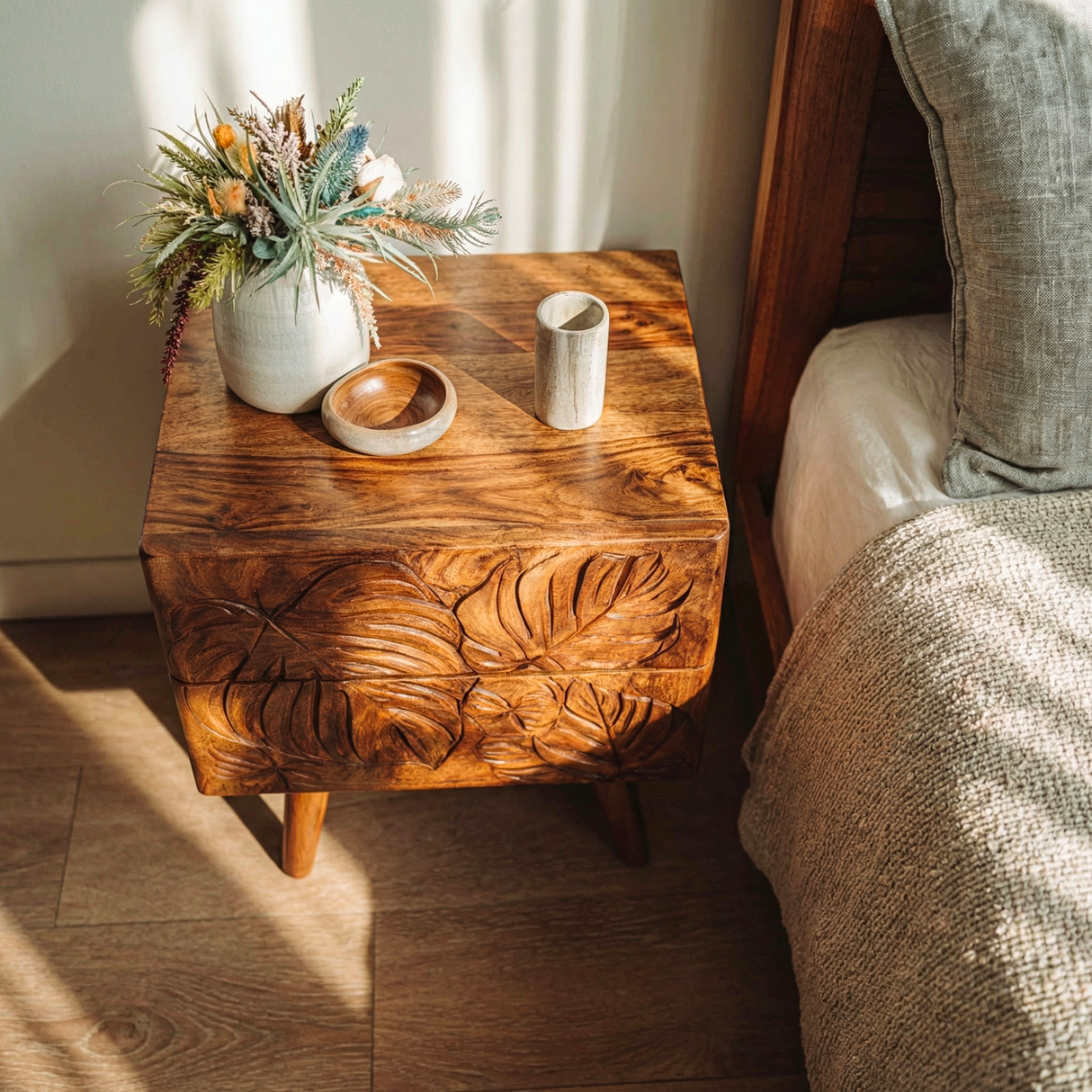 Handcrafted Solid Wood Nightstand with Tropical Leaf Carved Drawer Front