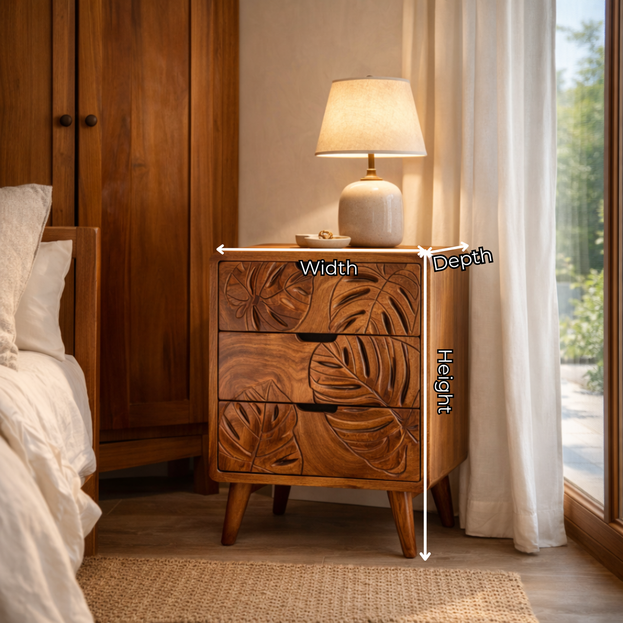 Handcrafted Solid Wood Bedside Cabinet with Tropical Leaf Carved Drawer Fronts