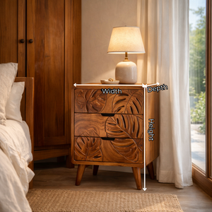 Handcrafted Solid Wood Bedside Cabinet with Tropical Leaf Carved Drawer Fronts