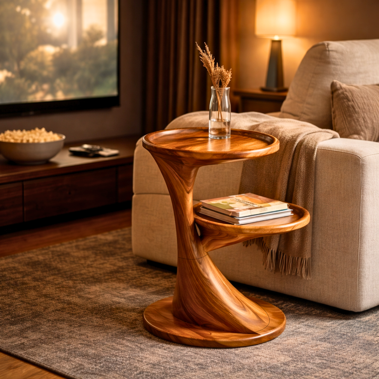 Modern Sculptural Two Tier Solid Wood Side Table for Living Room Interior Decor