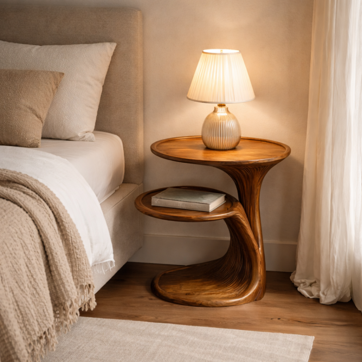 Sculptural Two Tier Solid Wood Side Table for Living Room Use