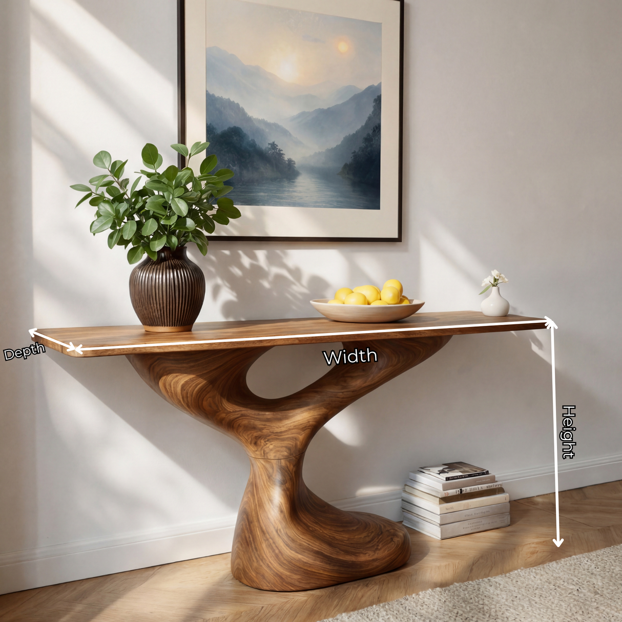 Twist Loop Sculptural Solid Wood Console Table with Hollow Organic Base