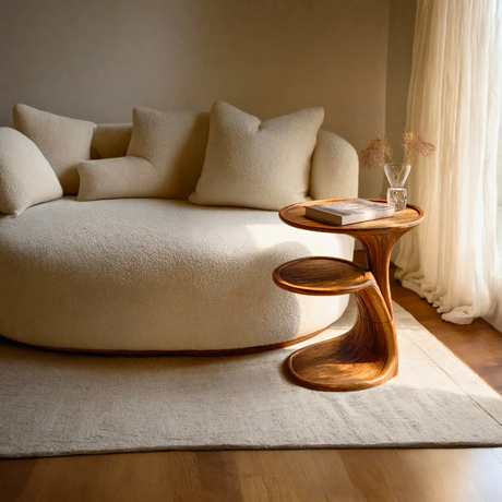Sculptural Two Tier Solid Wood Side Table for Living Room Use
