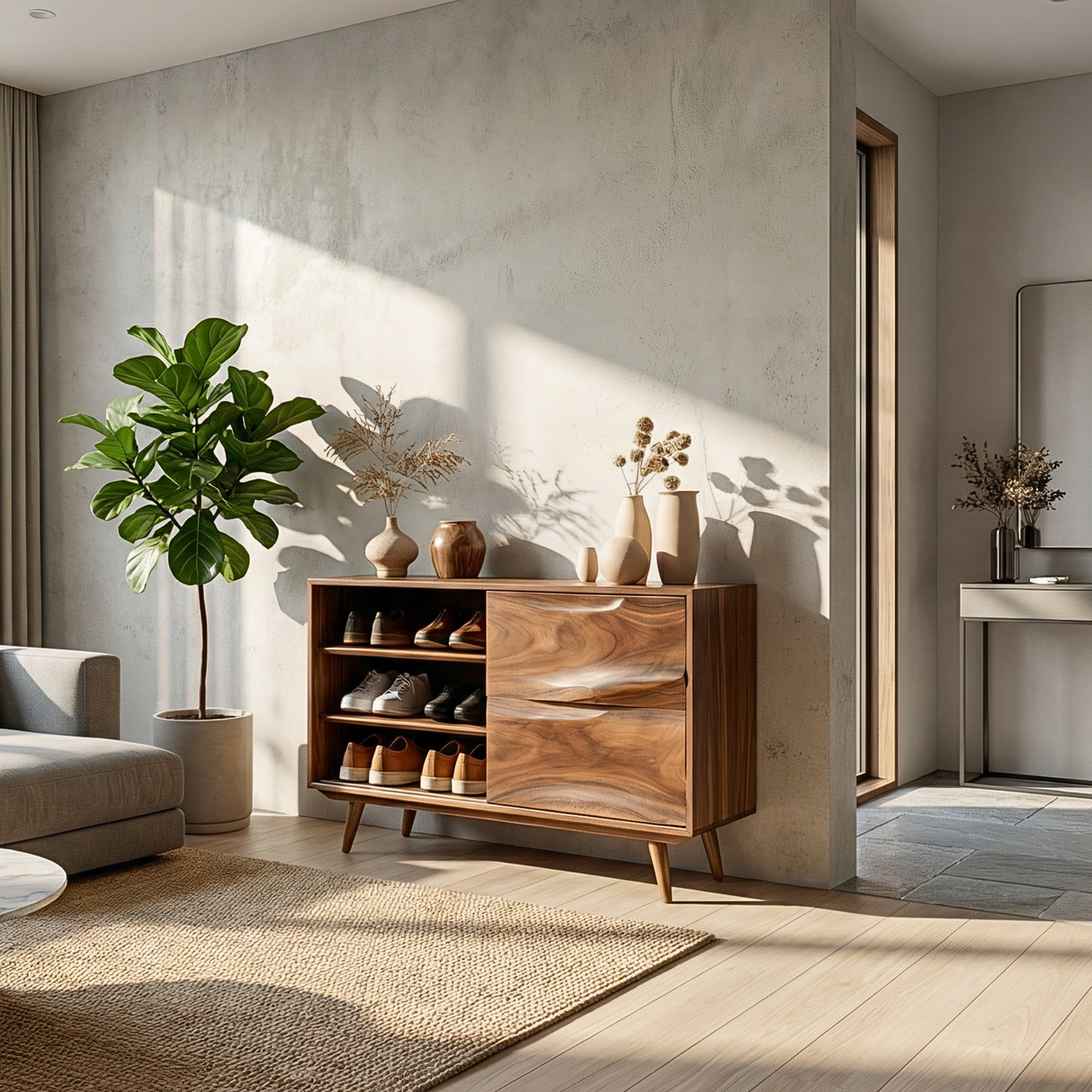 Handcrafted Solid Wood Shoe Cabinet with Open Shelves for Entryway
