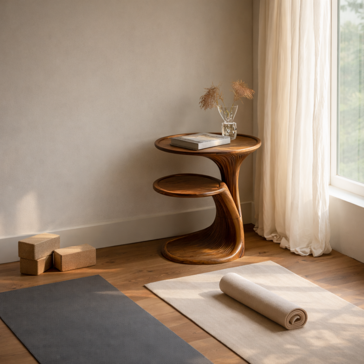 Sculptural Two Tier Solid Wood Side Table for Living Room Use