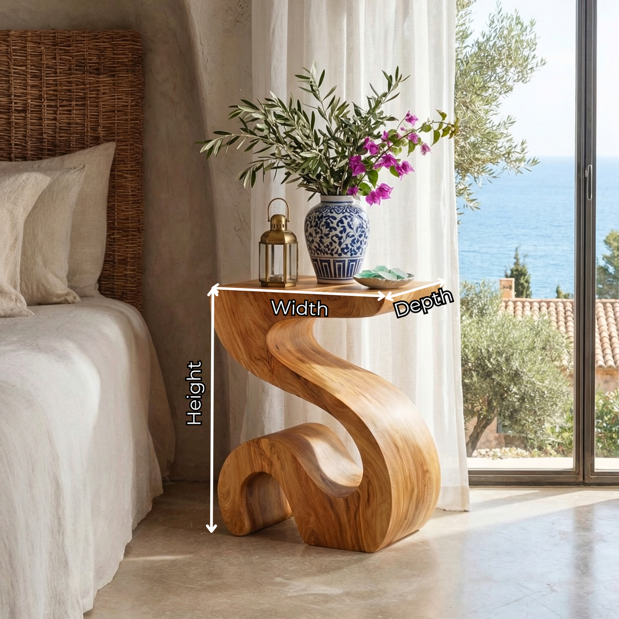 Handcrafted Solid Wood Bedside Table for Lamp with Sculptural Curved Base