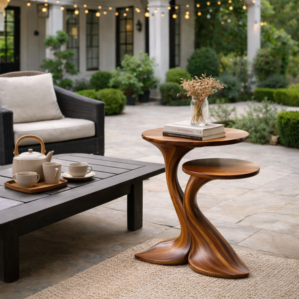 Sculptural Twin Tier Solid Wood Side Table with Whale Tail Base for Living Room