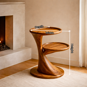 Modern Sculptural Two Tier Solid Wood Side Table for Living Room Interior Decor