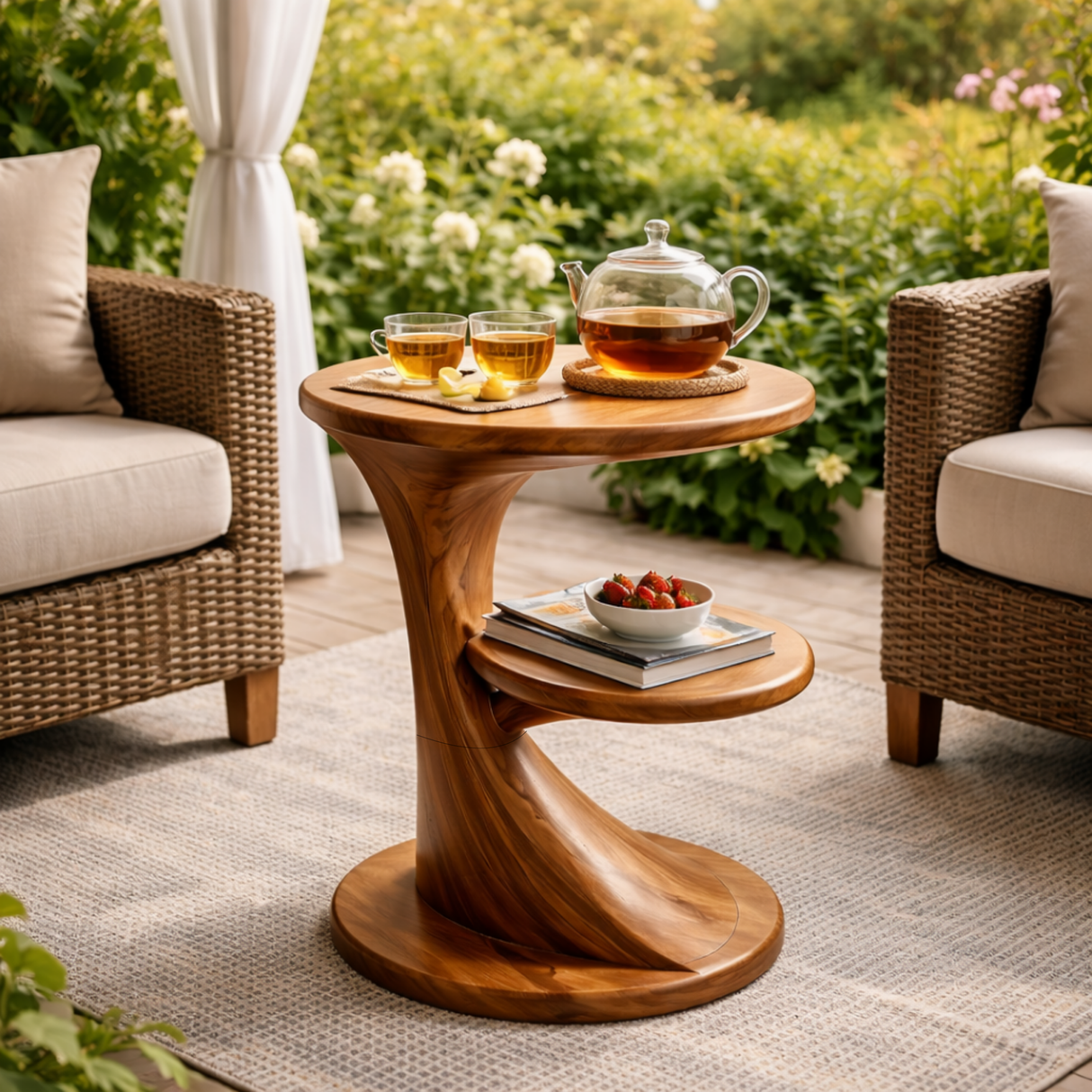 Modern Sculptural Two Tier Solid Wood Side Table for Living Room Interior Decor